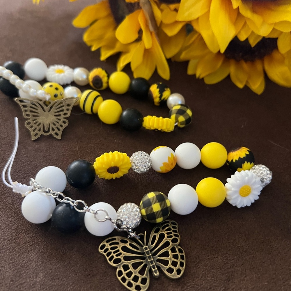 Yellow and Black Beaded phone chains with Butterfly Charm